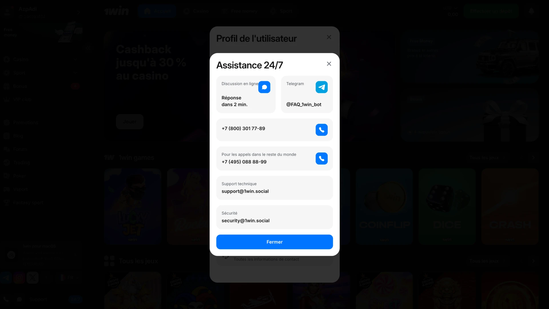 Vérifiez votre compte 1Win via l'aide du service clientèle.