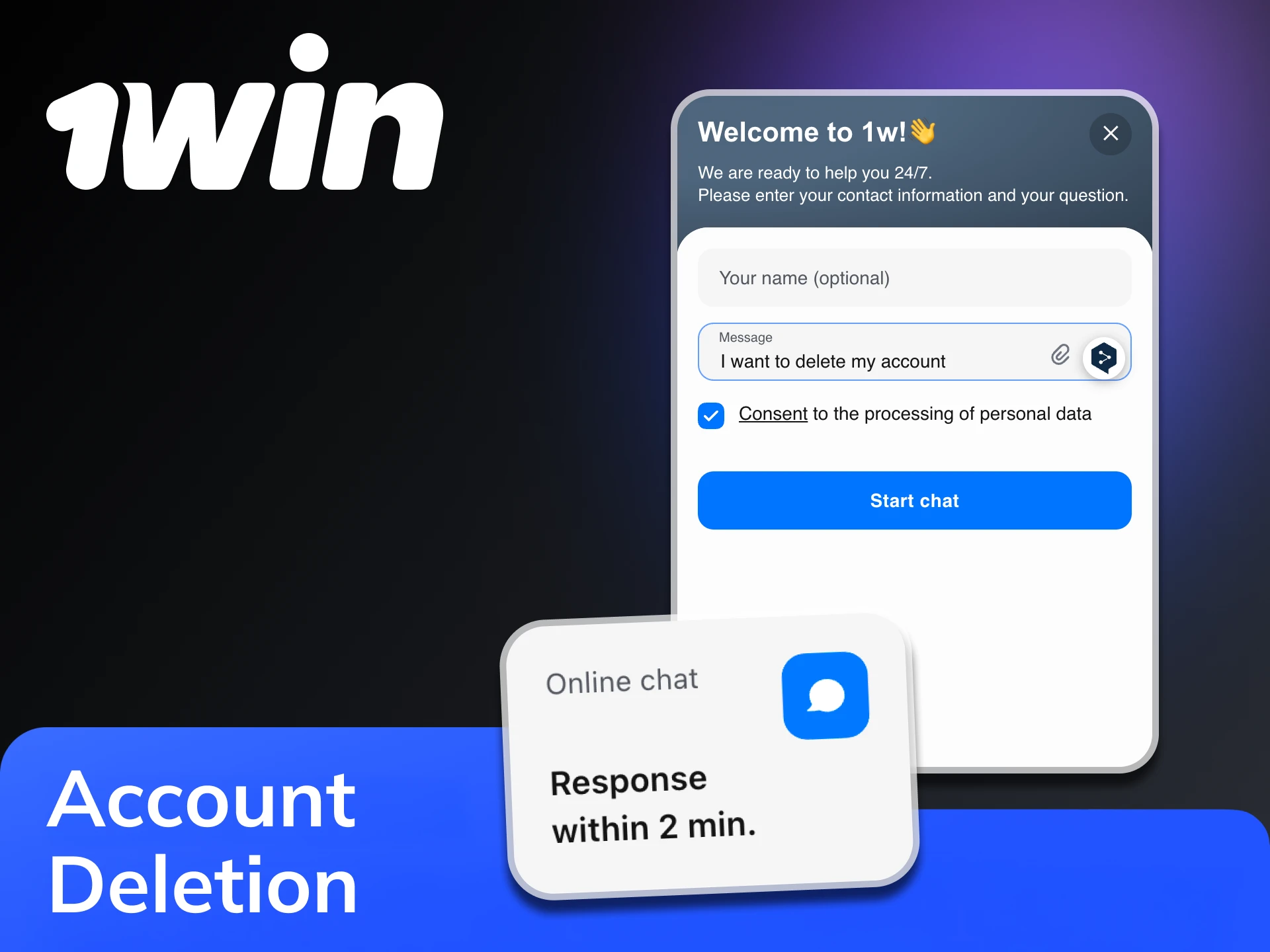 Follow the steps to delete your account at 1Win platform.