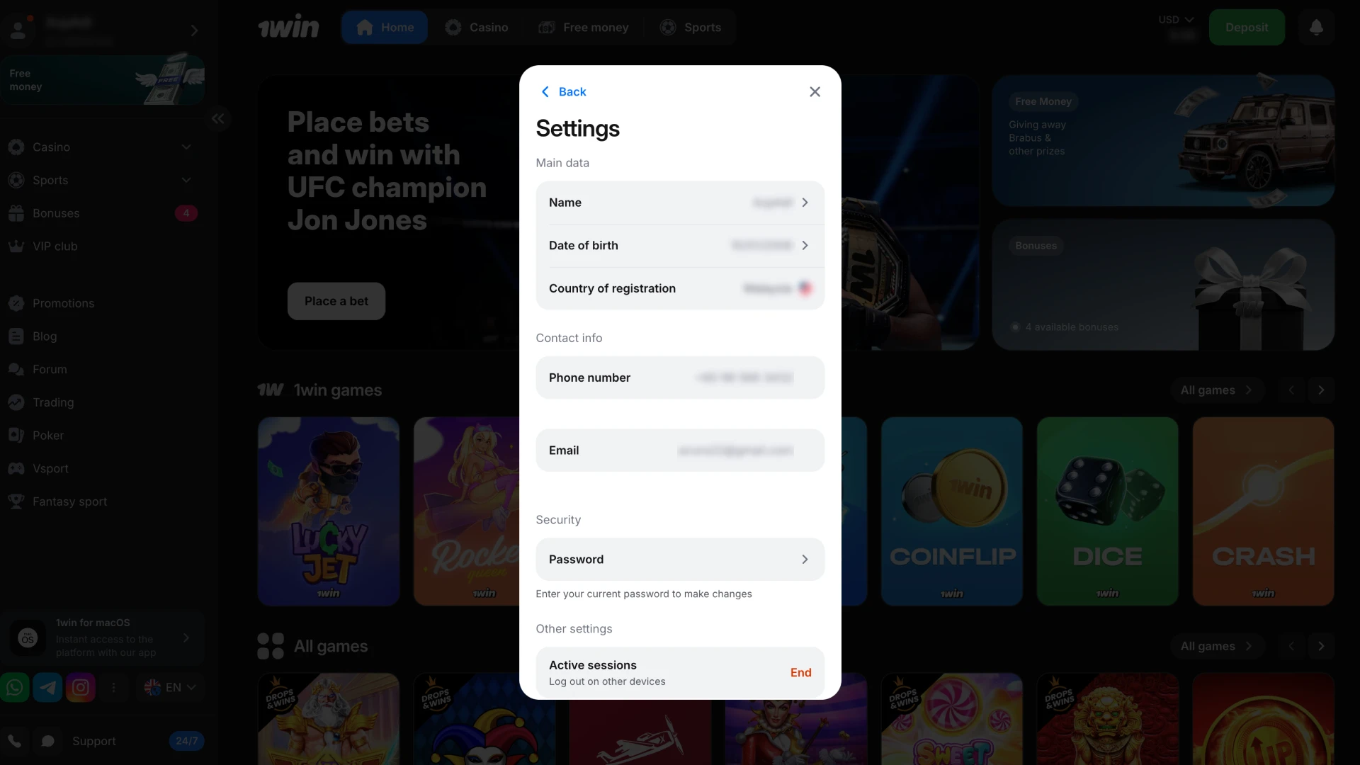 Complete your profile at 1Win with your personal information.