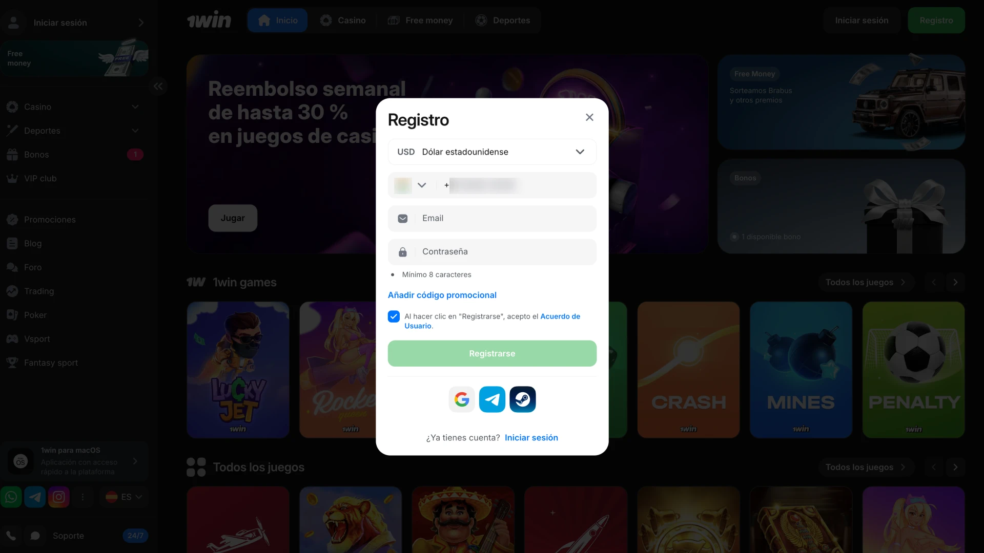 Abre el formulario de creación de cuenta en la plataforma 1Win.