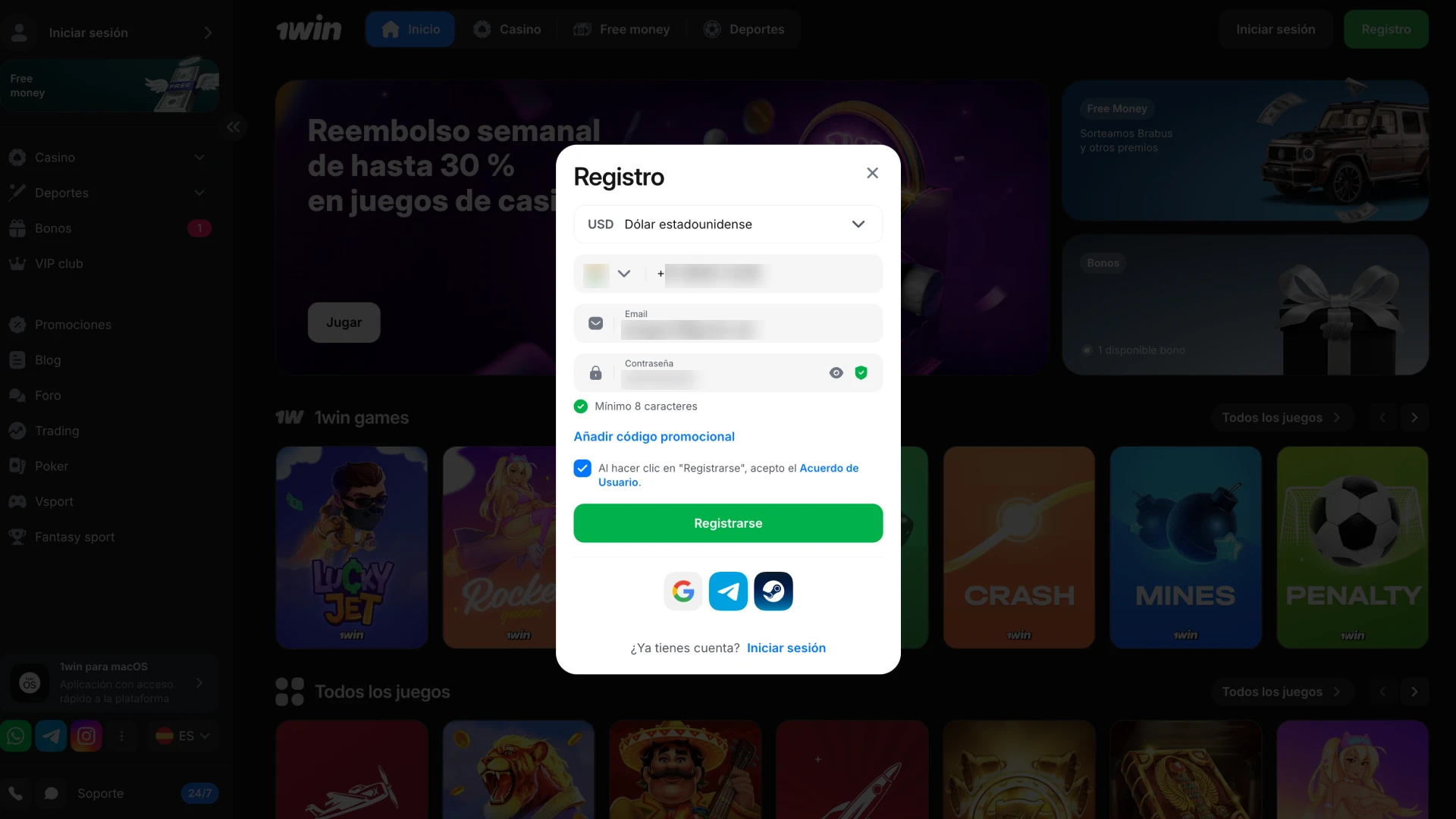 Rellene el formulario de registro de 1Win con su información personal.