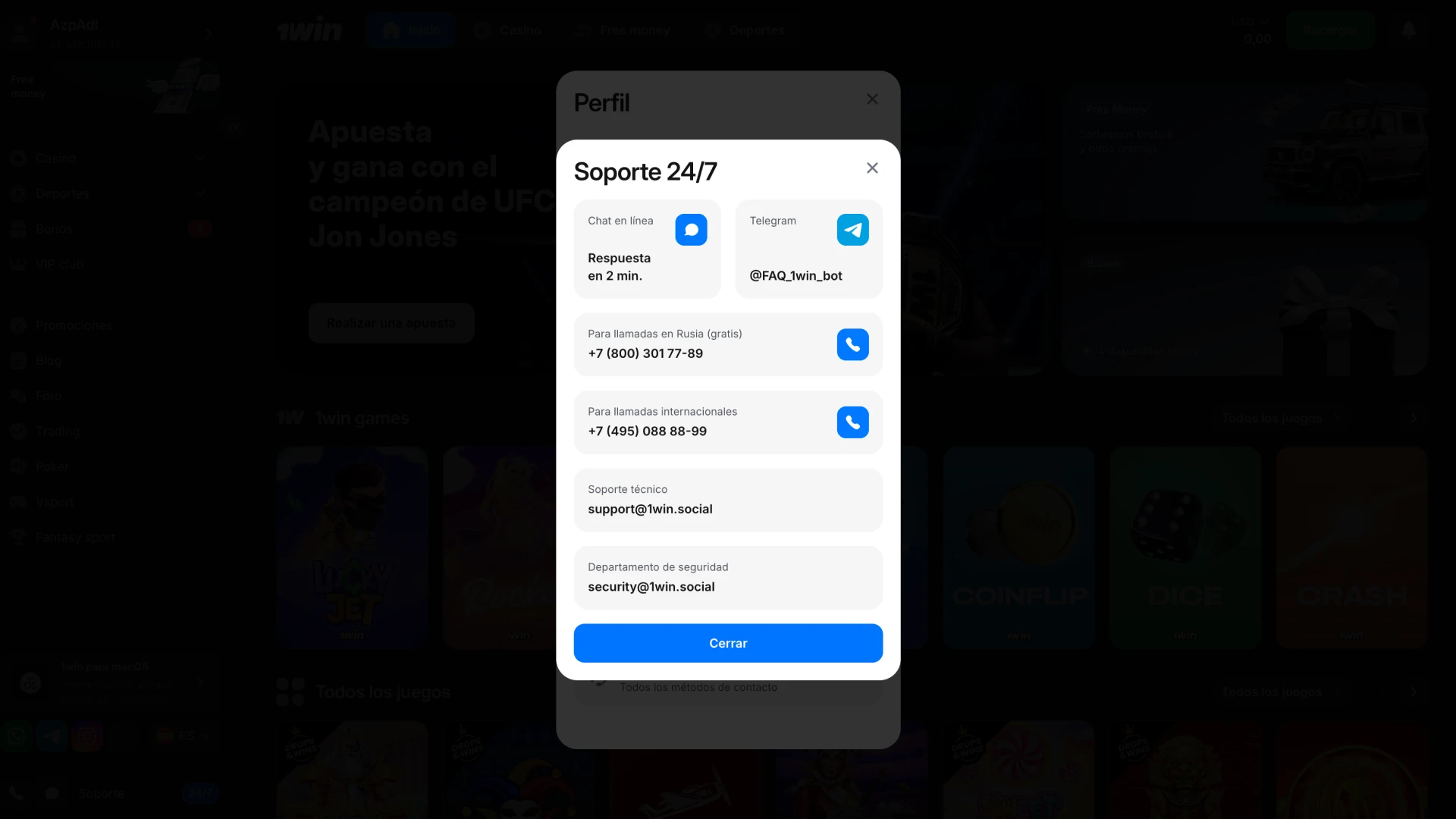 Verifique su cuenta de 1Win a través del servicio de atención al cliente.